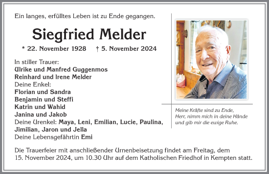 Traueranzeige von Siegfried Melder von Allgäuer Zeitung,Kempten
