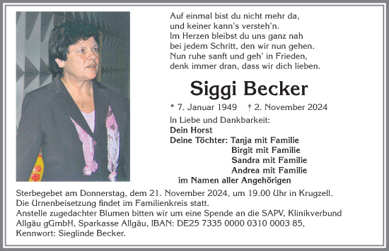 Traueranzeige von Siggi Becker von Allgäuer Zeitung,Kempten