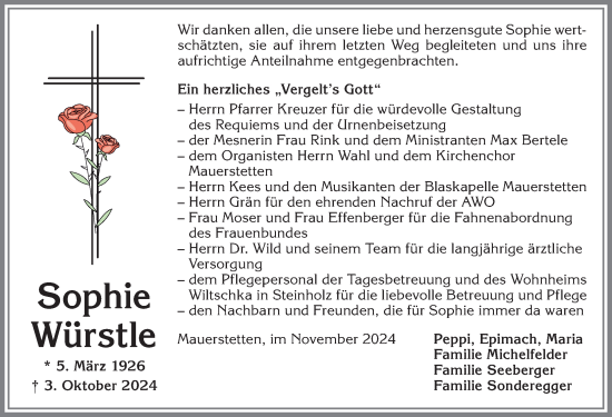 Traueranzeige von Sophie Würstle von Allgäuer Zeitung, Kaufbeuren/Buchloe
