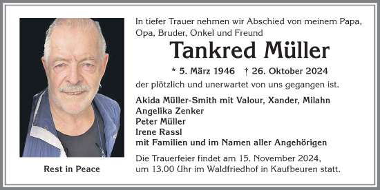 Traueranzeige von Tankred Müller von Allgäuer Zeitung, Kaufbeuren/Buchloe