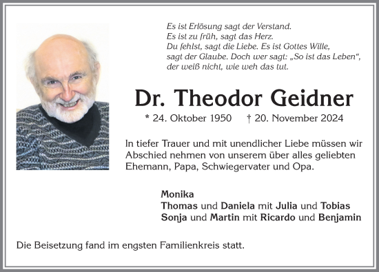 Traueranzeige von Theodor Geidner von Allgäuer Zeitung,Kempten