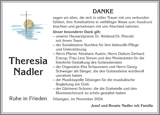Traueranzeige von Theresia Nadler von Allgäuer Zeitung, Kaufbeuren/Buchloe