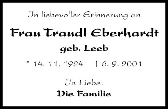 Traueranzeige von Traudl Eberhardt von Memminger Zeitung