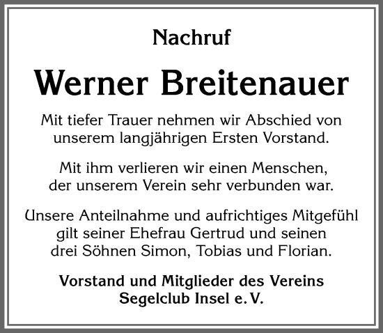 Traueranzeige von Werner Breitenauer von Allgäuer Zeitung,Kempten