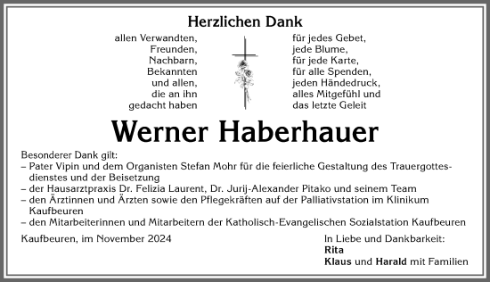 Traueranzeige von Werner Haberhauer von Allgäuer Zeitung, Kaufbeuren/Buchloe