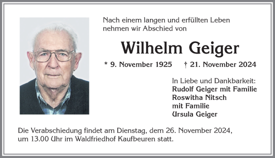 Traueranzeige von Wilhelm Geiger von Allgäuer Zeitung, Kaufbeuren/Buchloe