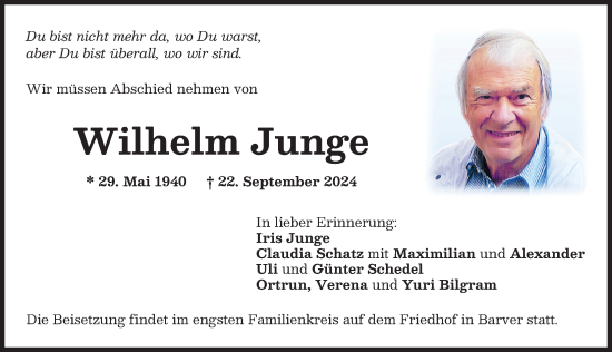 Traueranzeige von Wilhelm Junge von Memminger Zeitung