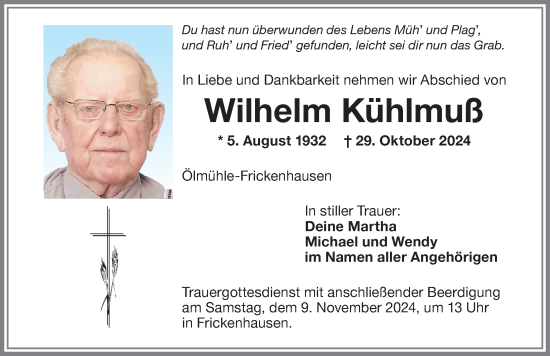 Traueranzeige von Wilhelm Kühlmuß von Memminger Zeitung