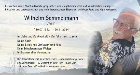 Traueranzeige von Wilhelm Semmelmann von Allgäuer Zeitung,Kempten