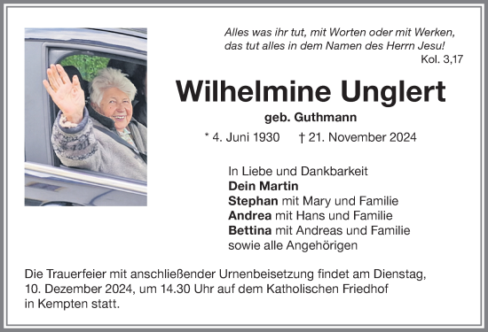 Traueranzeige von Wilhelmine Unglert von Allgäuer Zeitung,Kempten