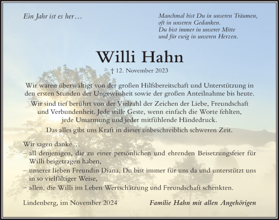 Traueranzeige von Willi Hahn von Der Westallgäuer