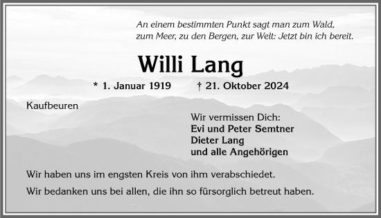 Traueranzeige von Willi Lang von Allgäuer Zeitung, Kaufbeuren/Buchloe