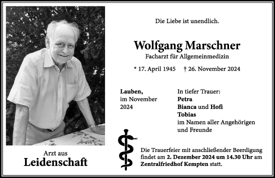 Traueranzeige von Wolfgang Marschner von Allgäuer Zeitung,Kempten
