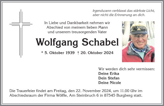 Traueranzeige von Wolfgang Schabel von Allgäuer Anzeigeblatt