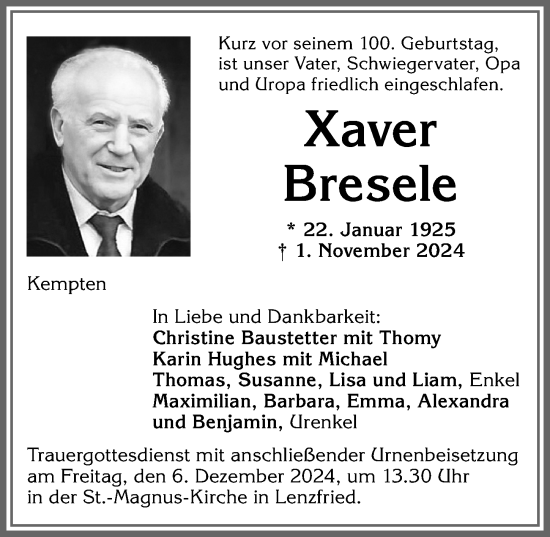 Traueranzeige von Xaver Bresele von Allgäuer Zeitung,Kempten