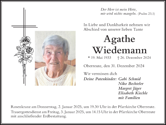 Traueranzeige von Agathe Wiedemann von Der Westallgäuer