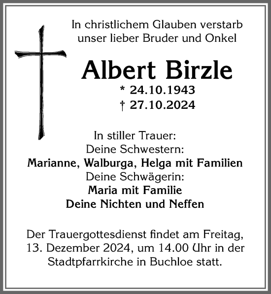 Traueranzeige von Albert Birzle von Allgäuer Zeitung, Kaufbeuren/Buchloe