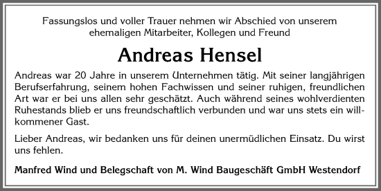 Traueranzeige von Andreas Hensel von Allgäuer Zeitung, Kaufbeuren/Buchloe