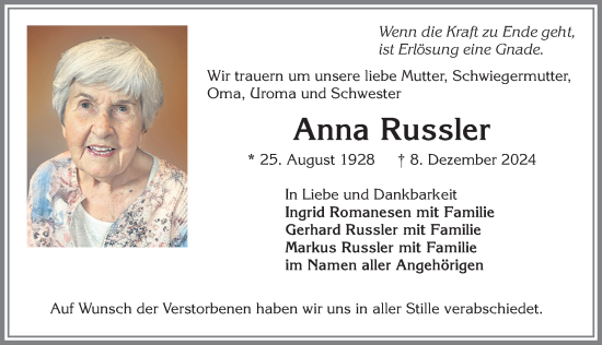 Traueranzeige von Anna Russler von Allgäuer Zeitung,Kempten