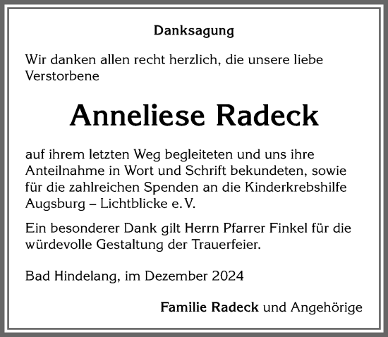 Traueranzeige von Anneliese Radeck von Allgäuer Anzeigeblatt