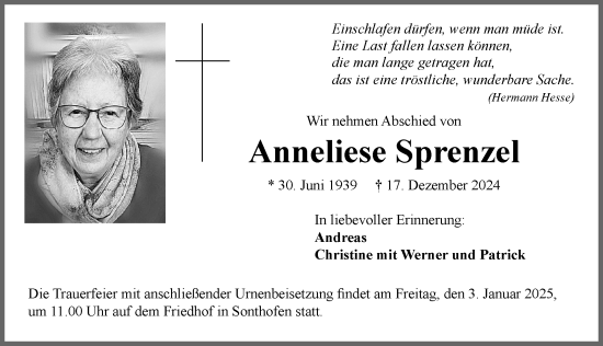 Traueranzeige von Anneliese Sprenzel von Allgäuer Anzeigeblatt