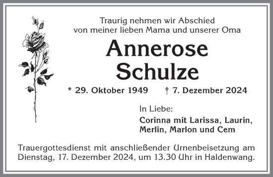 Traueranzeige von Annerose Schulze von Allgäuer Zeitung,Kempten