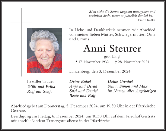 Traueranzeige von Anni Steurer von Der Westallgäuer