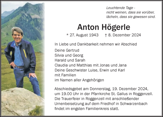 Traueranzeige von Anton Högerle von Der Westallgäuer