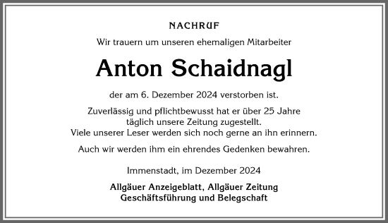 Traueranzeige von Anton Schaidnagl von Allgäuer Anzeigeblatt