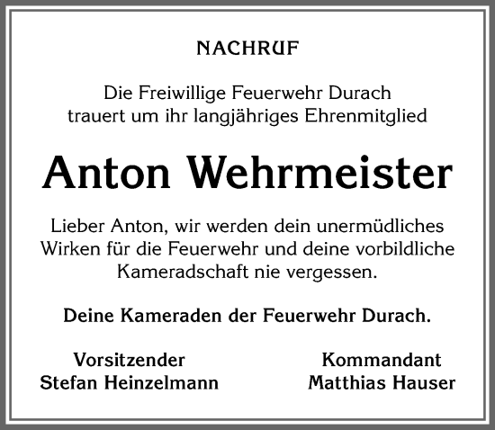 Traueranzeige von Anton Wehrmeister von Allgäuer Zeitung,Kempten