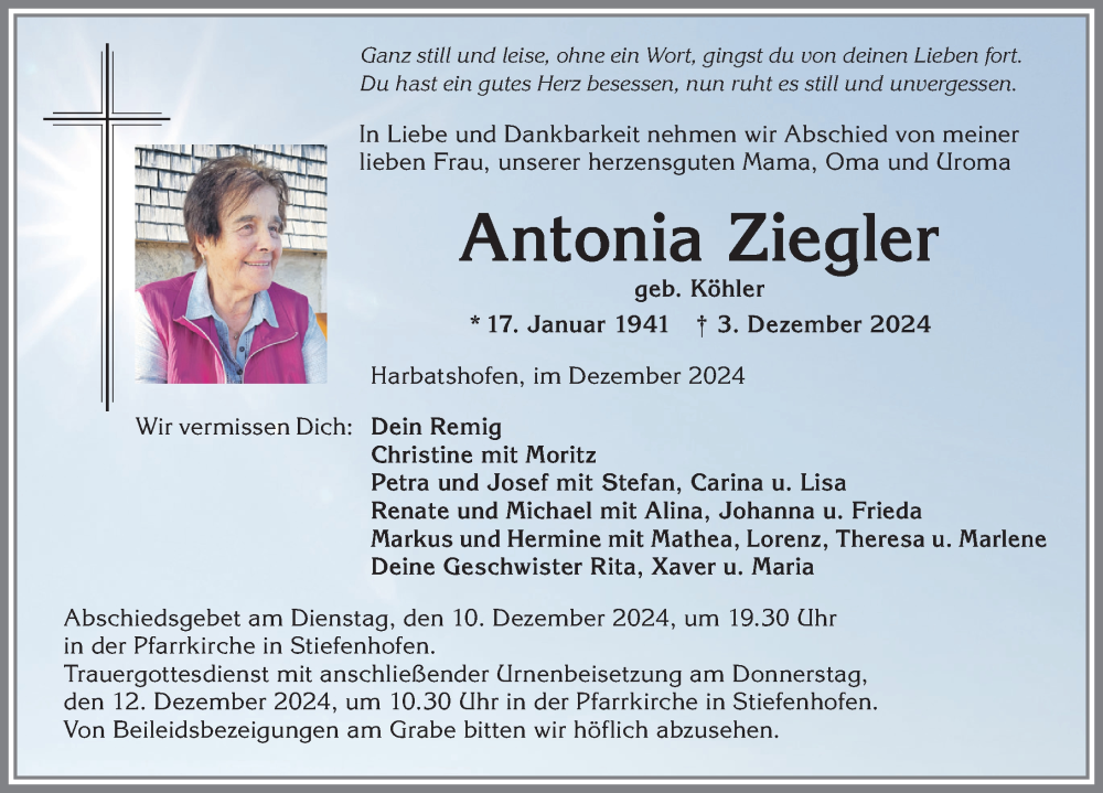  Traueranzeige für Antonia Ziegler vom 07.12.2024 aus Der Westallgäuer
