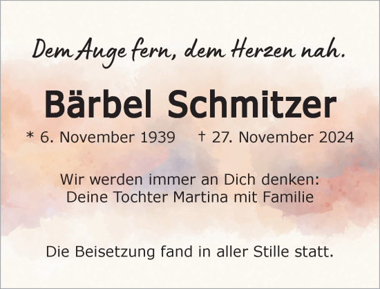 Traueranzeige von Bärbel Schmitzer von Allgäuer Zeitung,Kempten