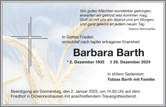 Traueranzeige von Barbara Barth von Memminger Zeitung