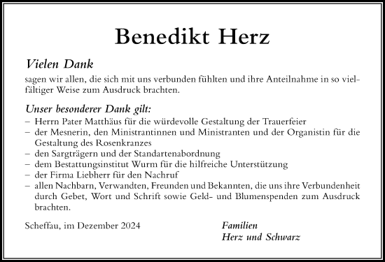 Traueranzeige von Benedikt Herz von Der Westallgäuer
