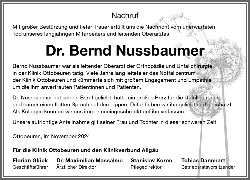  Traueranzeige für Bernd Nussbaumer vom 11.12.2024 aus Allgäuer Zeitung