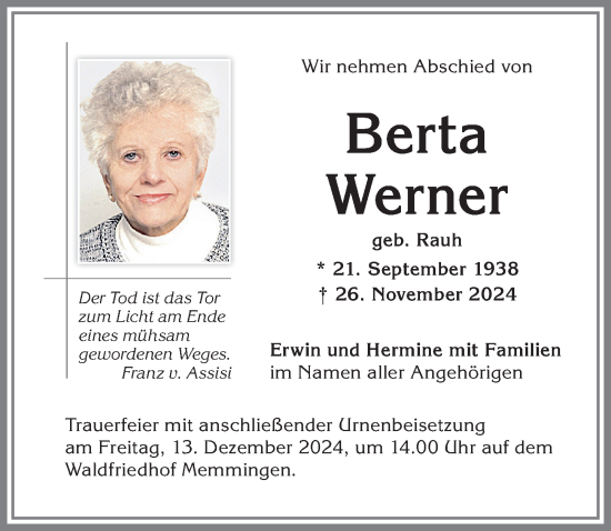Traueranzeige von Berta Werner von Memminger Zeitung