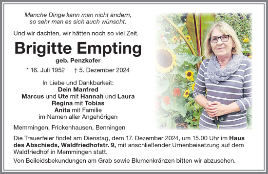 Traueranzeige von Brigitte Empting von Memminger Zeitung