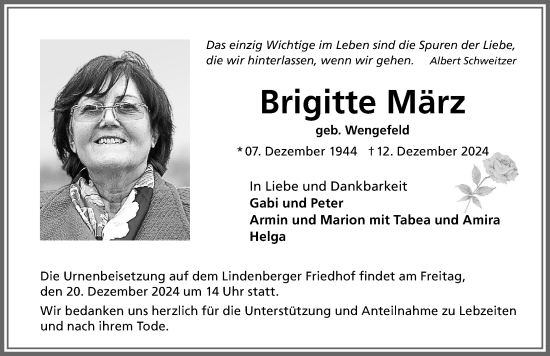 Traueranzeige von Brigitte März von Augsburger Allgemeine, Mindelheimer Zeitung