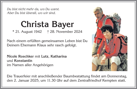 Traueranzeige von Christa Bayer von Allgäuer Zeitung, Gesamtausgabe