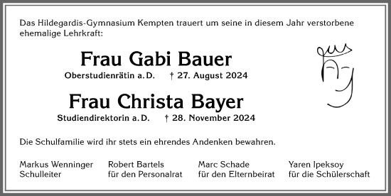 Traueranzeige von Christa Bayer von Allgäuer Zeitung,Kempten