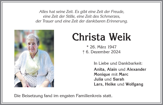 Traueranzeige von Christa Weik von Allgäuer Zeitung,Kempten