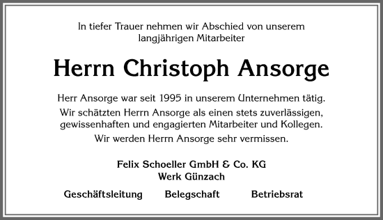 Traueranzeige von Christoph Ansorge von Allgäuer Zeitung, Marktoberdorf