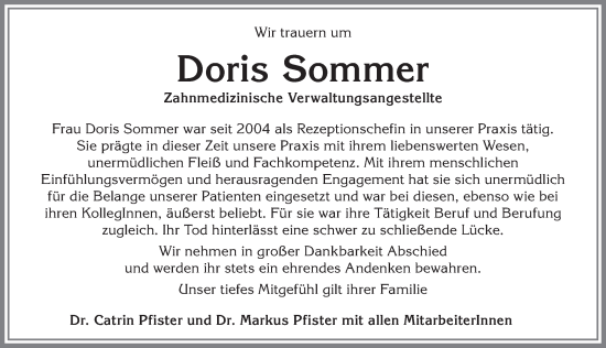 Traueranzeige von Doris Sommer von Allgäuer Anzeigeblatt