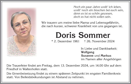 Traueranzeige von Doris Sommer von Allgäuer Anzeigeblatt