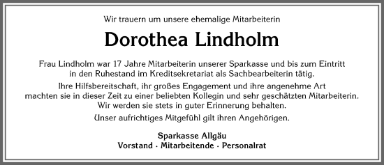 Traueranzeige von Dorothea Lindholm von Allgäuer Zeitung, Kaufbeuren/Buchloe