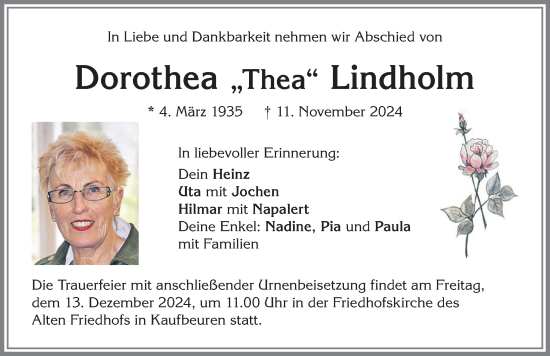Traueranzeige von Dorothea Lindholm von Allgäuer Zeitung, Kaufbeuren/Buchloe