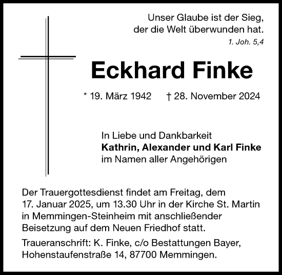 Traueranzeige von Eckhard Finke von Memminger Zeitung