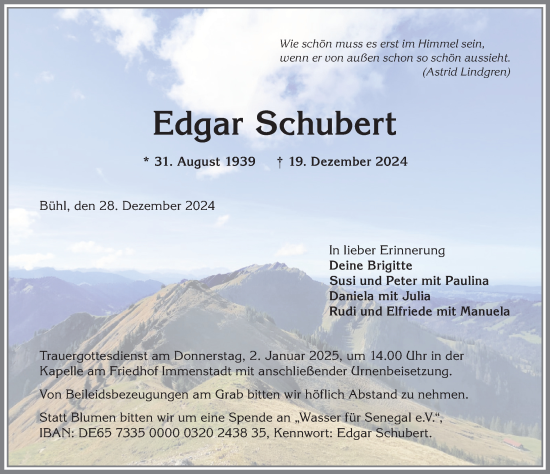 Traueranzeige von Edgar Schubert von Allgäuer Anzeigeblatt