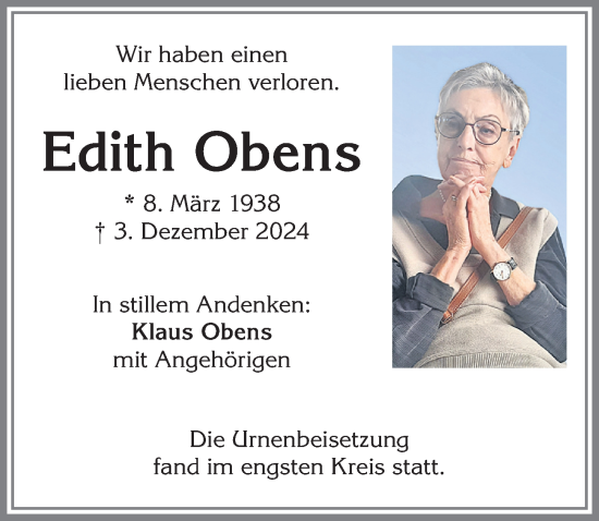 Traueranzeige von Edith Obens von Allgäuer Zeitung,Kempten