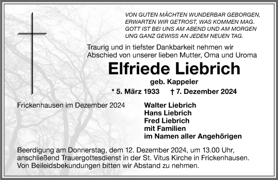 Traueranzeige von Elfriede Liebrich von Memminger Zeitung